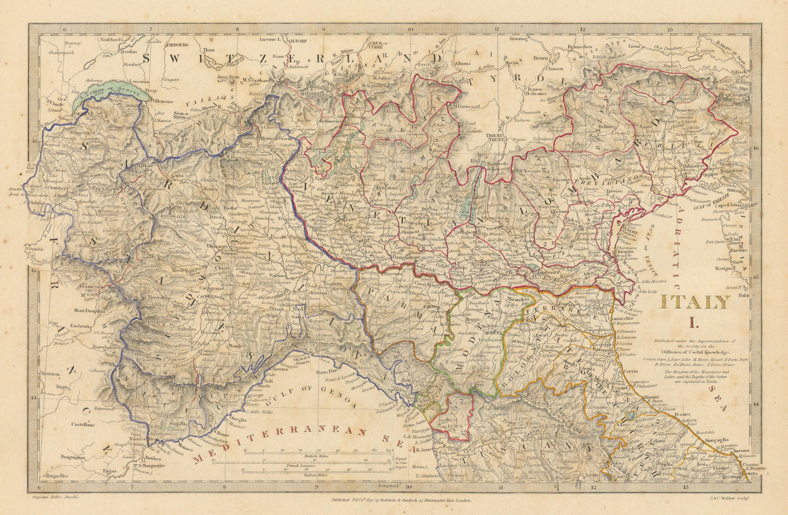 ITALY.Sardinian States,Venetian Lombardy,Parma,Modena,Bolognese.SDUK 1844 map